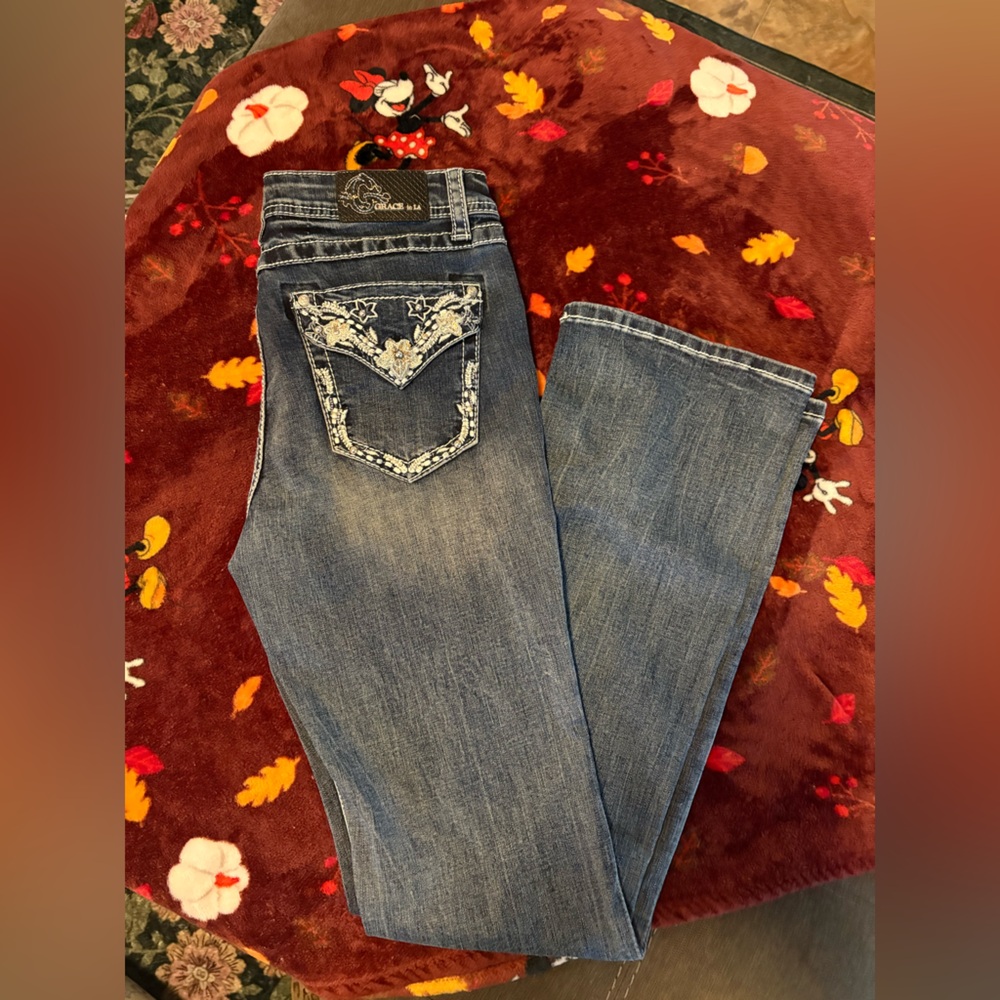 Grace Boot Cut Jeans - Indigo with White Detailing